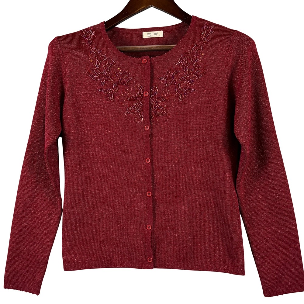 WANKO Womens S Red Shimmer Beaded Sequin Wool Blend Cardigan Sweater Button